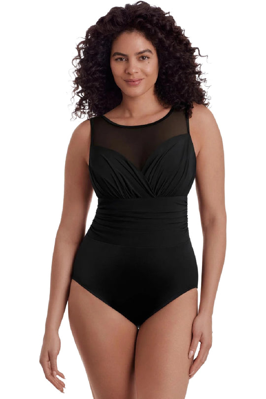 Longitude Long Torso Solidtude Mesh High Neck Swimsuit, Black (L260126)