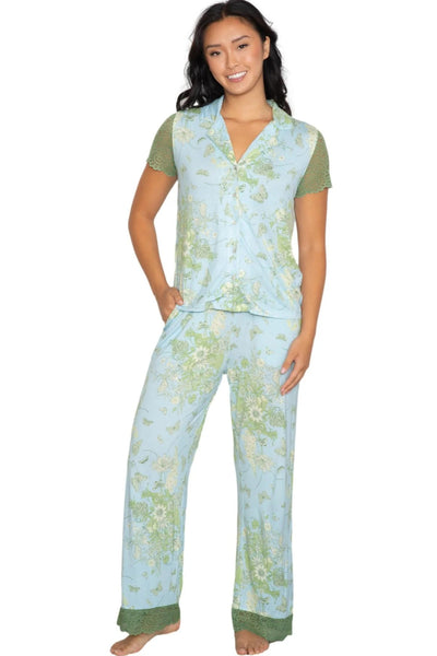 Latte Love Button Down Lounge Set, Blue Floral (LW12KS327)