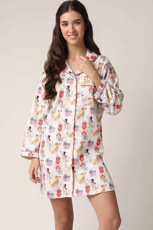 Mahogany Doggie Presents Flannel Nightshirt, White Multi (NF12N)