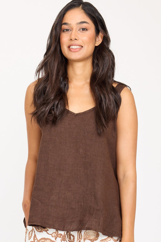Pistache Linen Sleeveless Flowy Top, Coffe Caffe (R0330)