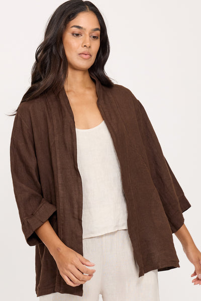 Pistache Linen Kimono Jacket, Coffee Caffe (R0340)