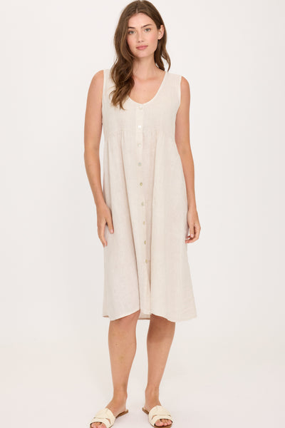Pistache Linen Button Down Dress, Summer Beige (R0352)