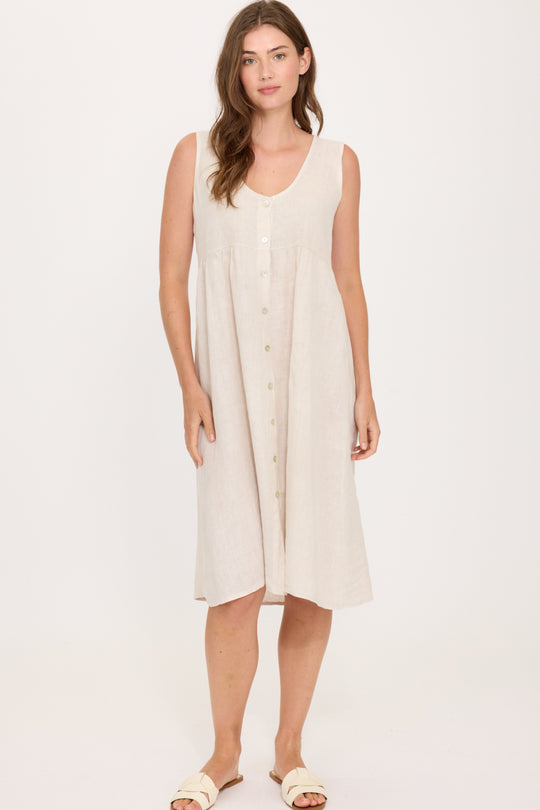 Pistache Linen Button Down Dress, Summer Beige (R0352)