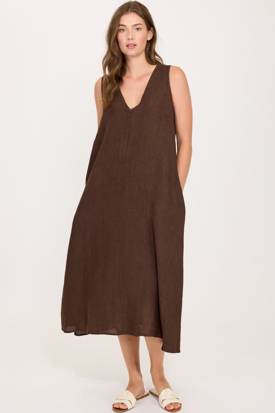 Pistache Linen Sleeveless Midi Dress, Peony