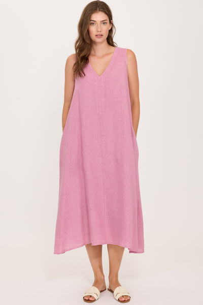 Pistache Linen Sleeveless Midi Dress, Peony (R0353)