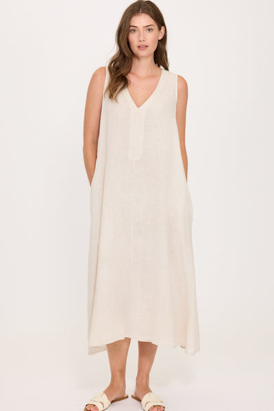 Pistache Linen Sleeveless Midi Dress, Summer Beige (R0353)