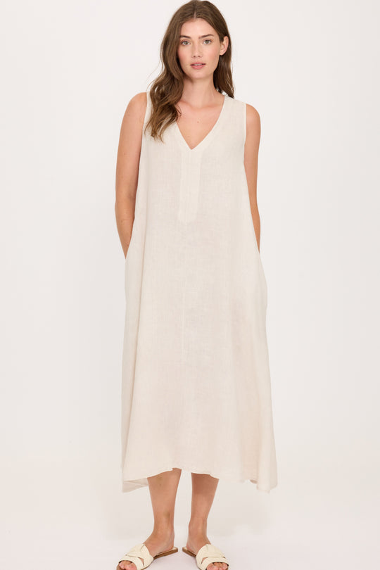 Pistache Linen Sleeveless Midi Dress, Summer Beige (R0353)