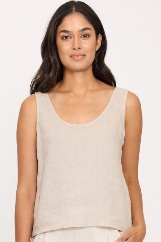 Pistache Linen Scoop Top, Buff Beige (R0359)