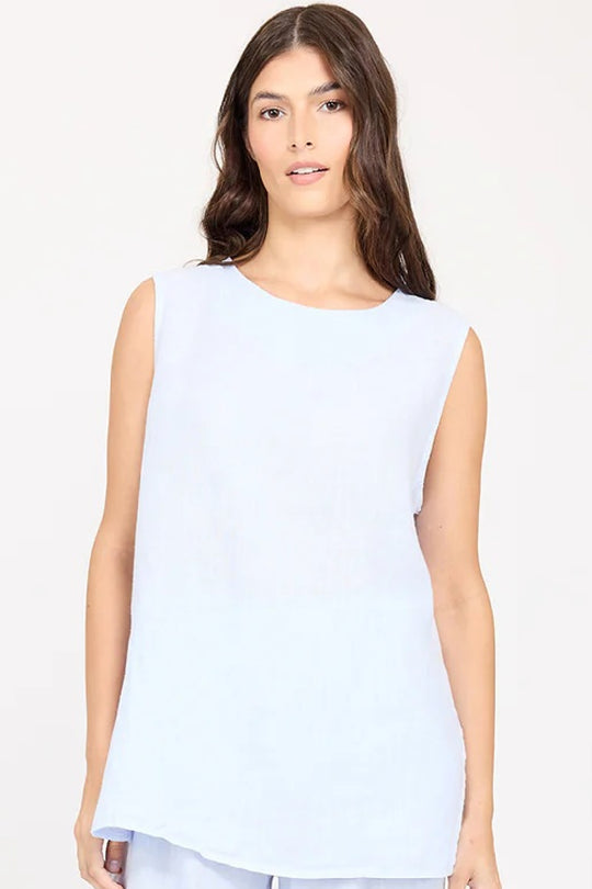 Pistache Linen Crew Neck Top, Cloud Blue Celeste (R0365)