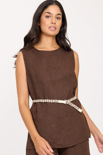 Pistache Linen Crew Neck Top, Coffee Caffe (R0365)