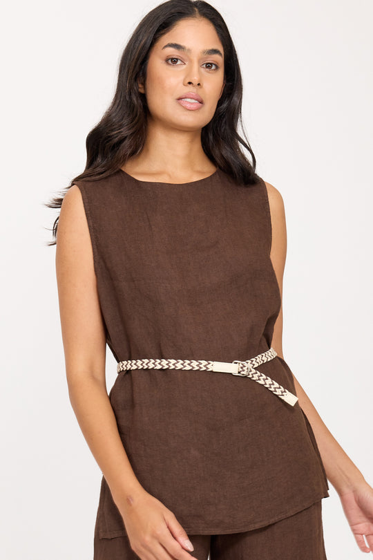 Pistache Linen Crew Neck Top, Coffee Caffe (R0365)
