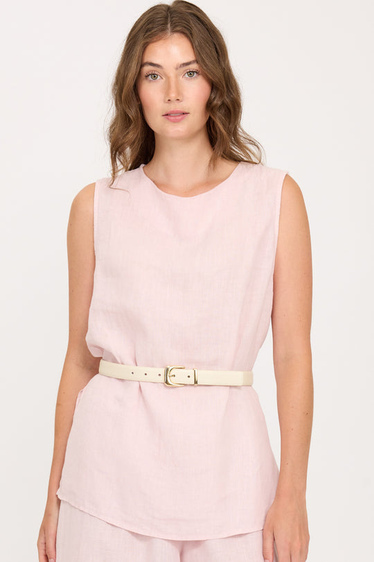 Pistache Linen Crew Neck Top, Pink Mist Cipria (R0365)