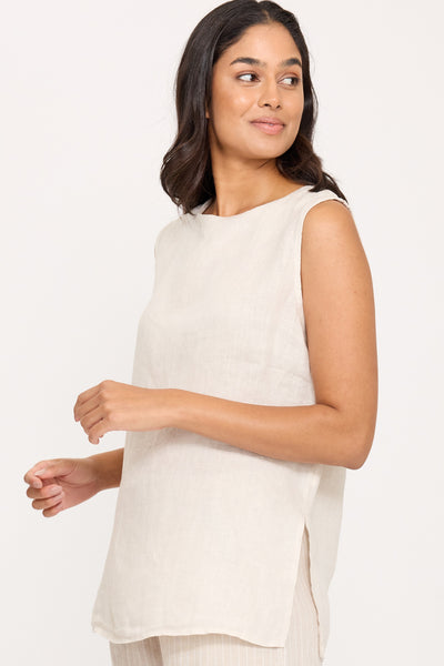 Pistache Linen Crew Neck Top, Summer Beige (R0365)