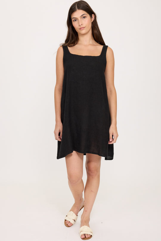 Pistache Linen Pinafore Dress, Black (R0366)