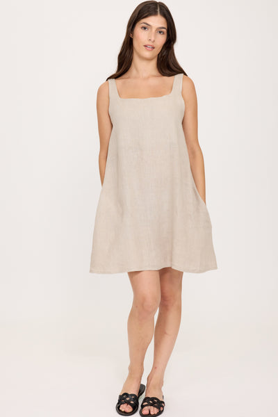 Pistache Linen Pinafore Dress, Buff Beige (R0366)