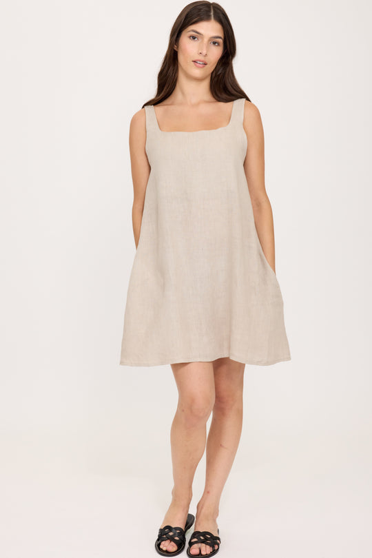 Pistache Linen Pinafore Dress, Buff Beige (R0366)