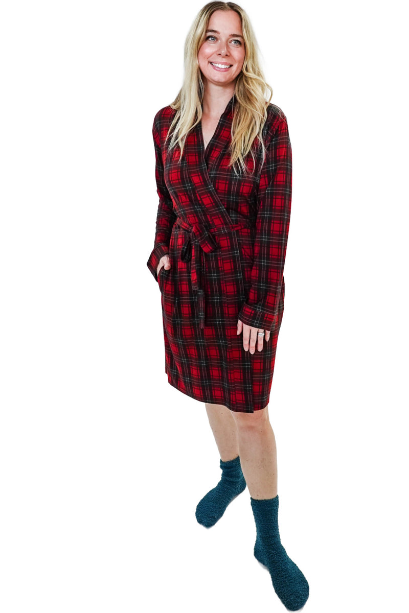 Cloud Nine Pajamas Bamboo Short Robe, Red Plaid (GR119SH/ROB)
