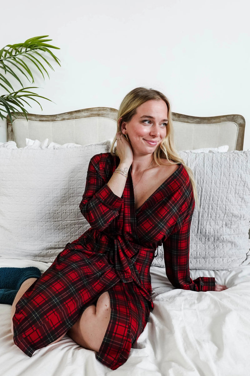 Cloud Nine Pajamas Bamboo Short Robe, Red Plaid (GR119SH/ROB)