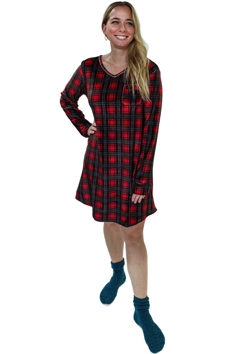 Cloud Nine Pajamas Velvety Velour Long Sleeves Nightshirt, Red Plaid (MN601VVNS)