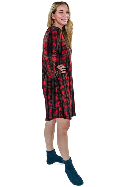Cloud Nine Pajamas Velvety Velour Long Sleeves Nightshirt, Red Plaid (MN601VVNS)