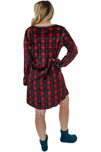 Cloud Nine Pajamas Velvety Velour Long Sleeves Nightshirt, Red Plaid (MN601VVNS)