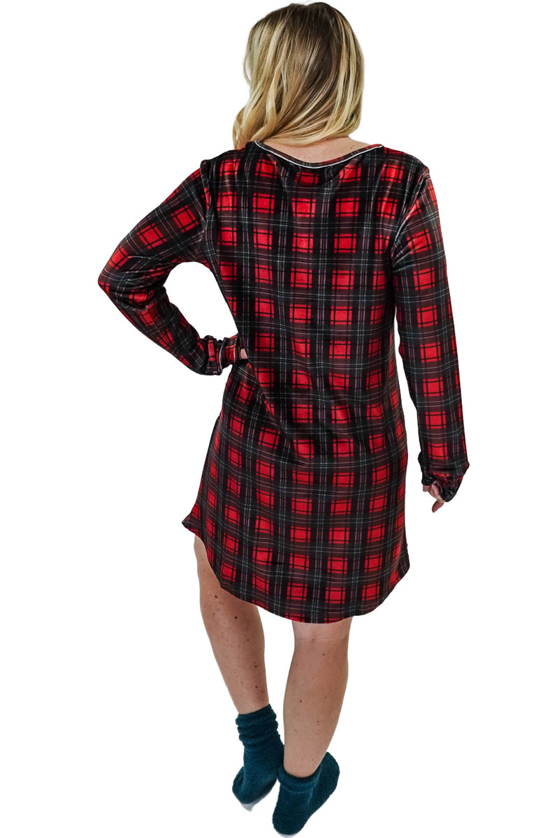 Cloud Nine Pajamas Velvety Velour Long Sleeves Nightshirt, Red Plaid (MN601VVNS)