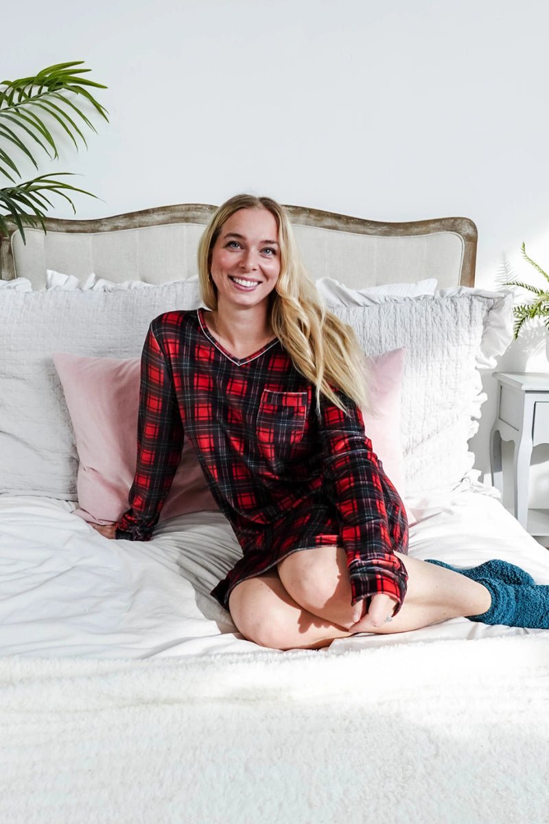 Cloud Nine Pajamas Velvety Velour Long Sleeves Nightshirt, Red Plaid (MN601VVNS)