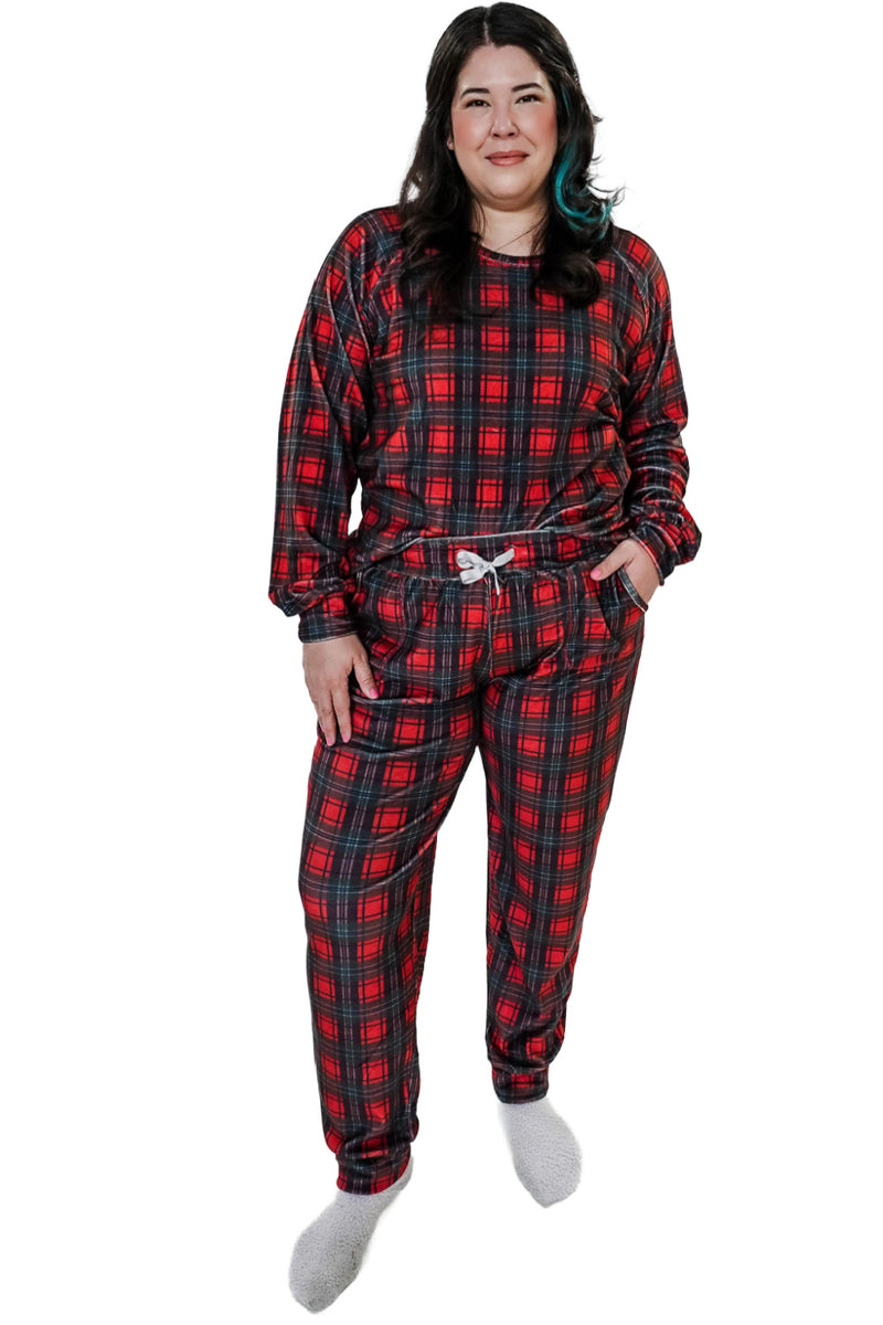 Cloud Nine Pajamas Velvety Velour Long Sleeves Lounge Set, Red Plaid (MN600VVT/J)