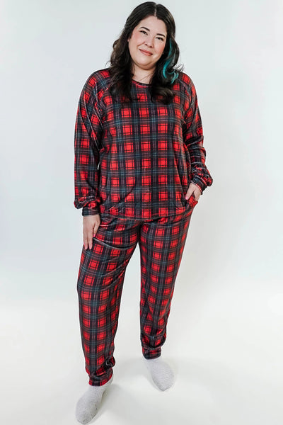 Cloud Nine Pajamas Velvety Velour Long Sleeves Lounge Set, Red Plaid (MN600VVT/J)