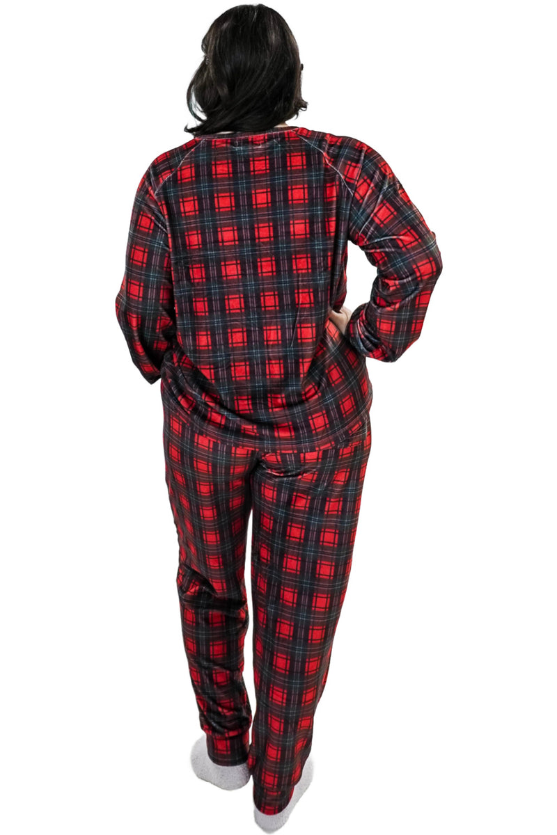 Cloud Nine Pajamas Velvety Velour Long Sleeves Lounge Set, Red Plaid (MN600VVT/J)