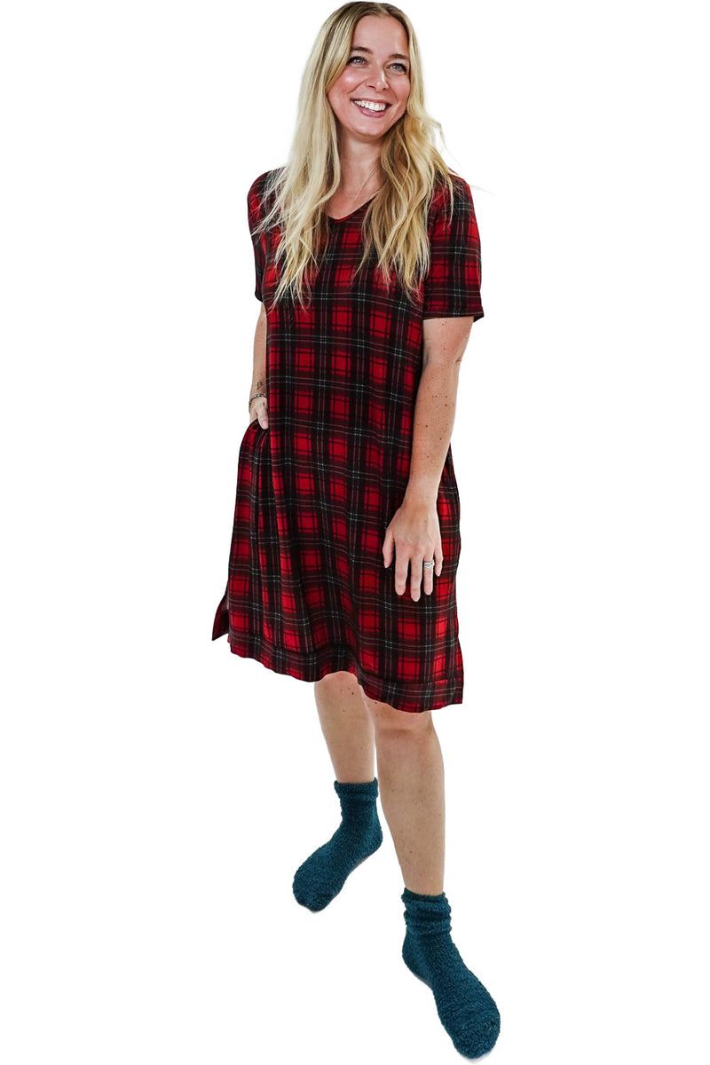 Cloud Nine Pajamas Bamboo V-Neck Nightshirt with Pockets, Red Plaid (GR106 NSV/PK))