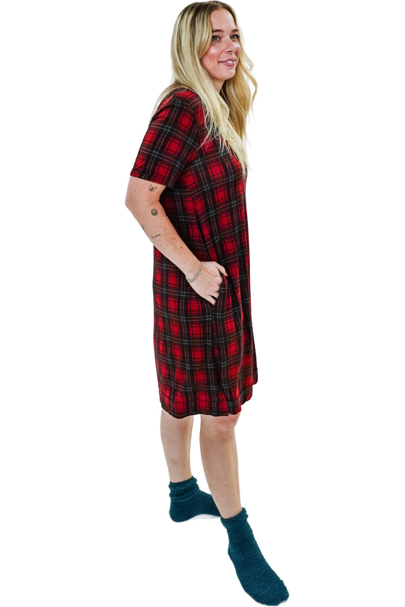 Cloud Nine Pajamas Bamboo V-Neck Nightshirt with Pockets, Red Plaid (GR106 NSV/PK))