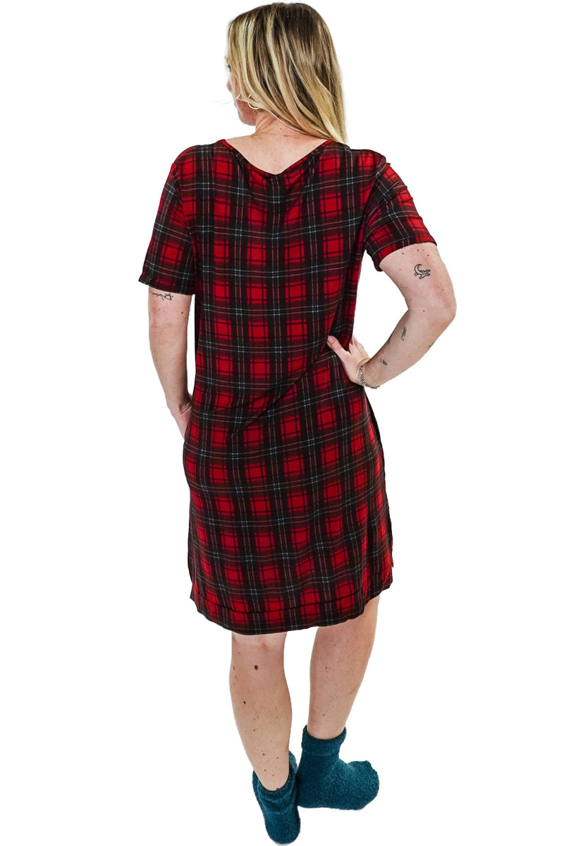 Cloud Nine Pajamas Bamboo V-Neck Nightshirt with Pockets, Red Plaid (GR106 NSV/PK))