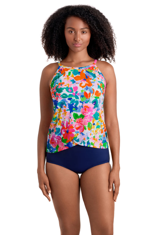 Shape Solver Summer Splash High Neck Tankini, White Multi (SV260475)