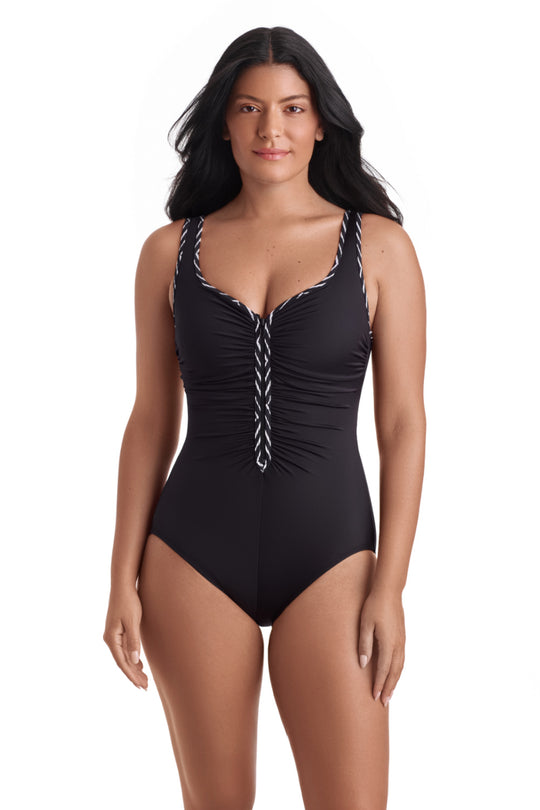 Shape Solver Sport In Graphic Detail Zipper Swimsuit,  Black White (SV260104)