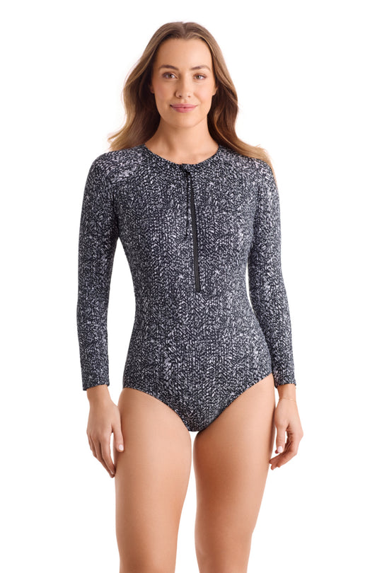Shape Solver Sport Paddle Board Sunblock Pixel Twilight Long Sleeve Swimsuit, Black White (SV260113)