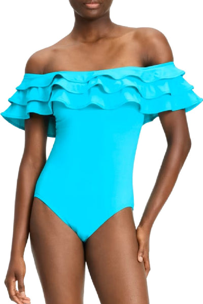Kate Spade Ruffle Off-the-shoulder One Piece Swimsuit, Riviera Blue (S8C216)