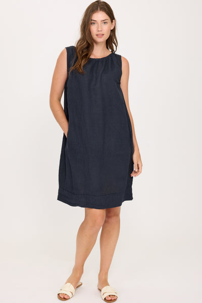 Pistache Linen Gathered Dress, Navy Marine (T35721)