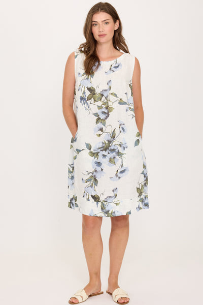 Pistache Linen Gathered Dress, Floral (T35721)