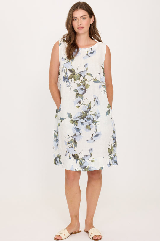Pistache Linen Gathered Dress, Floral (T35721)