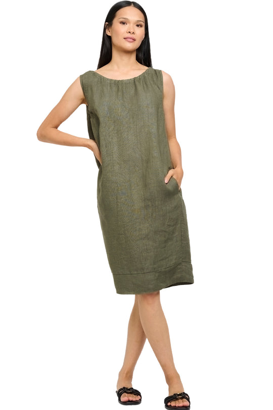Pistache Linen Gathered Dress, Green Vine (T-3572)