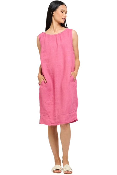 Pistache Linen Gathered Dress, Strawberry (T-3572)
