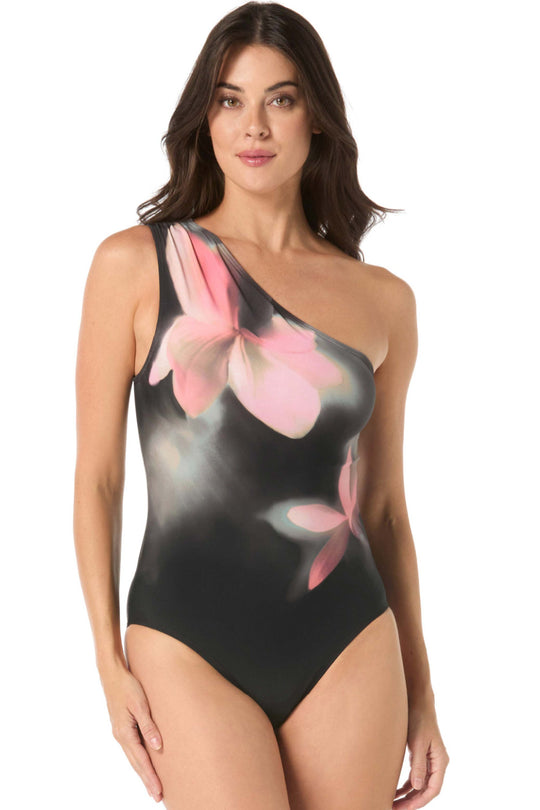 Coco Contours Plumeria Haze Genesis One Shoulder Swimsuit, Black Multi (T93163)