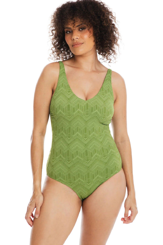 Togs Chiseled Green V Neck Plunge One Piece Swimsuit, Green (XG09FI)