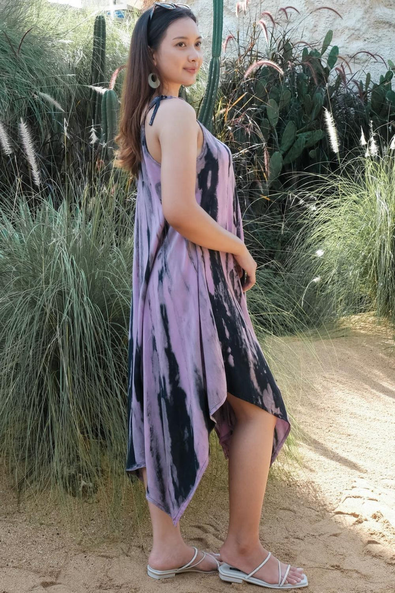 Suzie Blue Abstract Tie Dye Handkerchief Dress, Purple (LS1321PU)