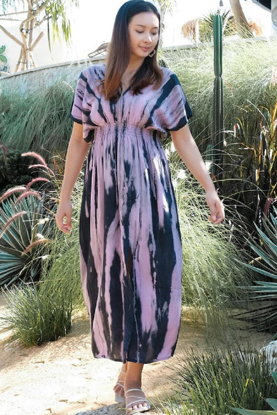 Abstract Tie Dye V-Neck Maxi Dress LS1325PU Purple
