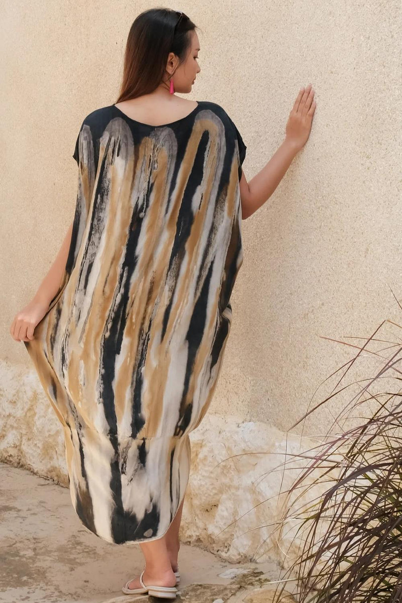 Suzie Blue Abstract Tie Dye Kaftan Dress, Grey/Gold (LS1320GY)