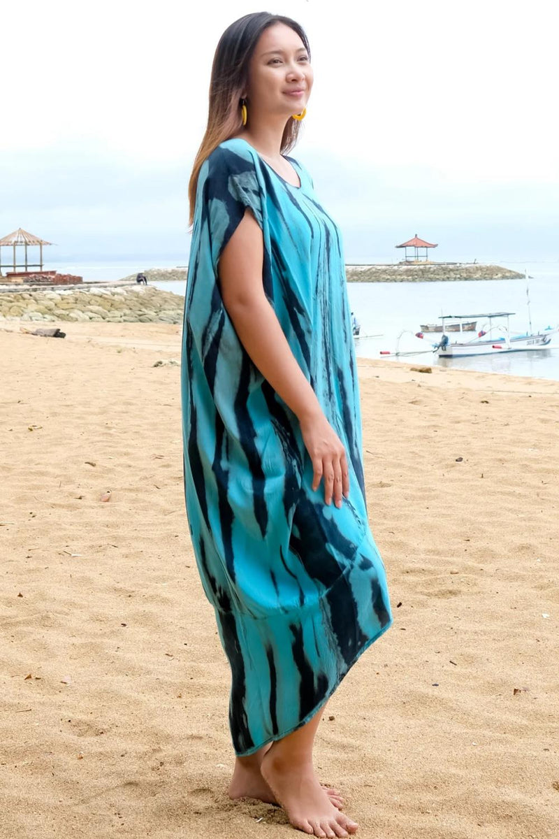 Suzie Blue Abstract Tie Dye Kaftan Dress, Blue (LS1320BU)