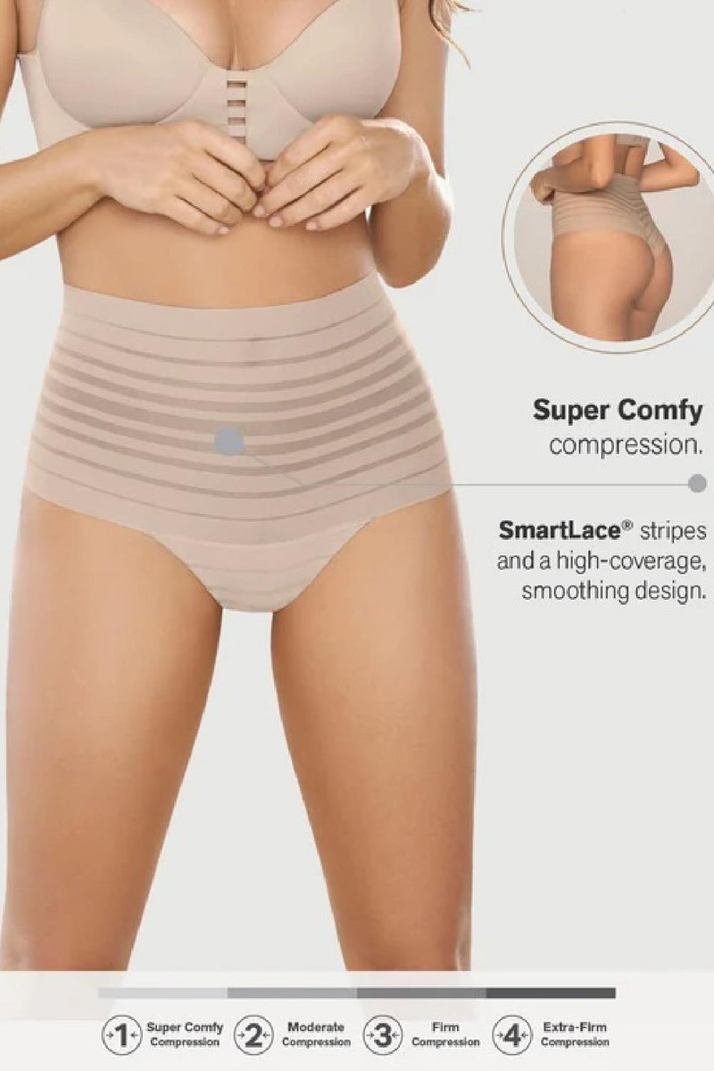 Leonisa Slimming Lace Stripe High-Waisted Thong, Nude (012890)