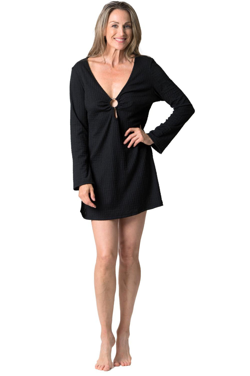 Cover Me Pebble Beach Plus Size Long Sleeve Ring Cover Up Black